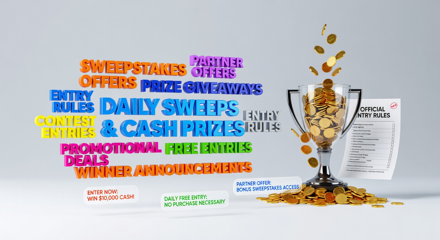 Vibrant digital dashboard showing multiple open sweepstakes tabs on a laptop screen, highlighting entry forms for daily cash prizes and partner deals