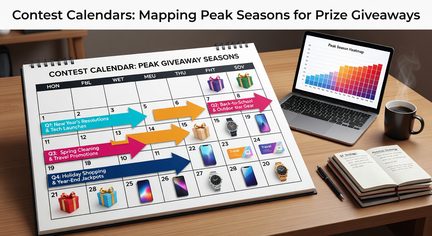 A vibrant calendar overlay showing highlighted peak seasons for contests and giveaways, with holidays and events marked in bold colors