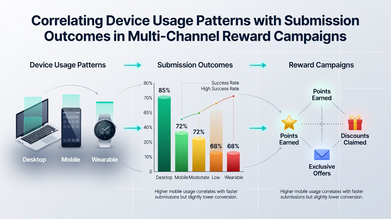 Chart showing device usage patterns correlated with submission outcomes across mobile, desktop, and tablet entries in reward campaigns