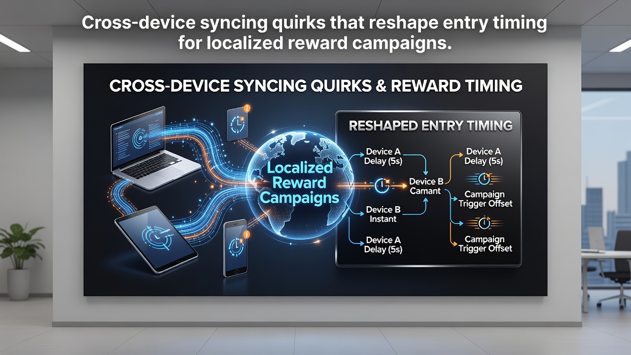 Cross-device synchronization interface showing entry timing across mobile and desktop platforms for localized reward campaigns