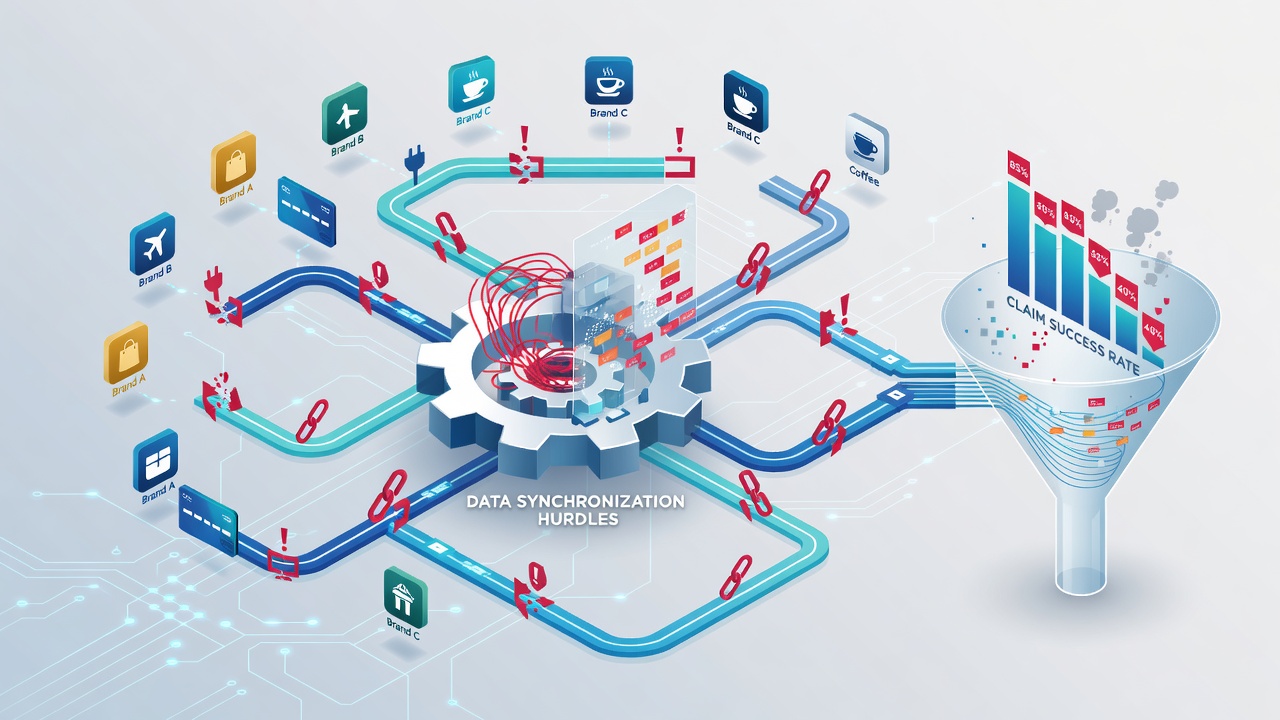 Diagram depicting data flow interruptions between brand reward platforms and resulting claim processing delays