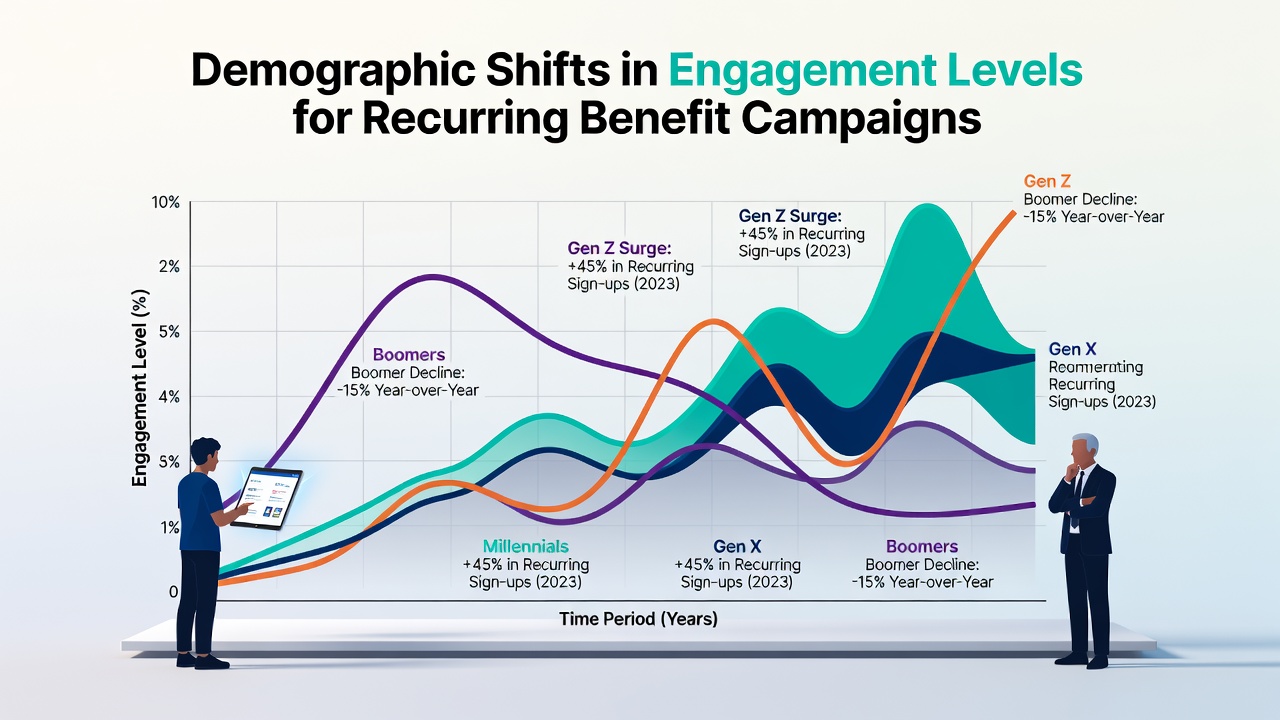 Graphs and charts showing demographic engagement trends in recurring benefit programs across age groups and regions