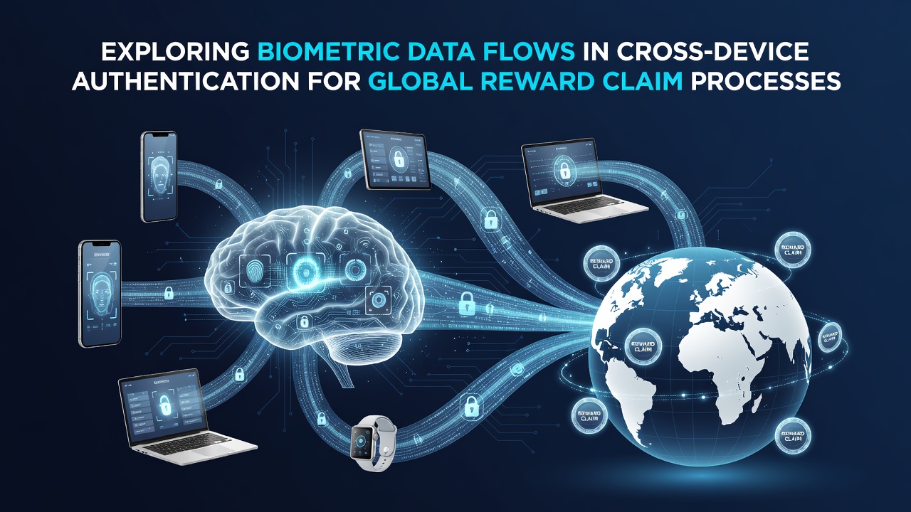 Diagram illustrating biometric data flows across mobile and desktop devices during reward authentication