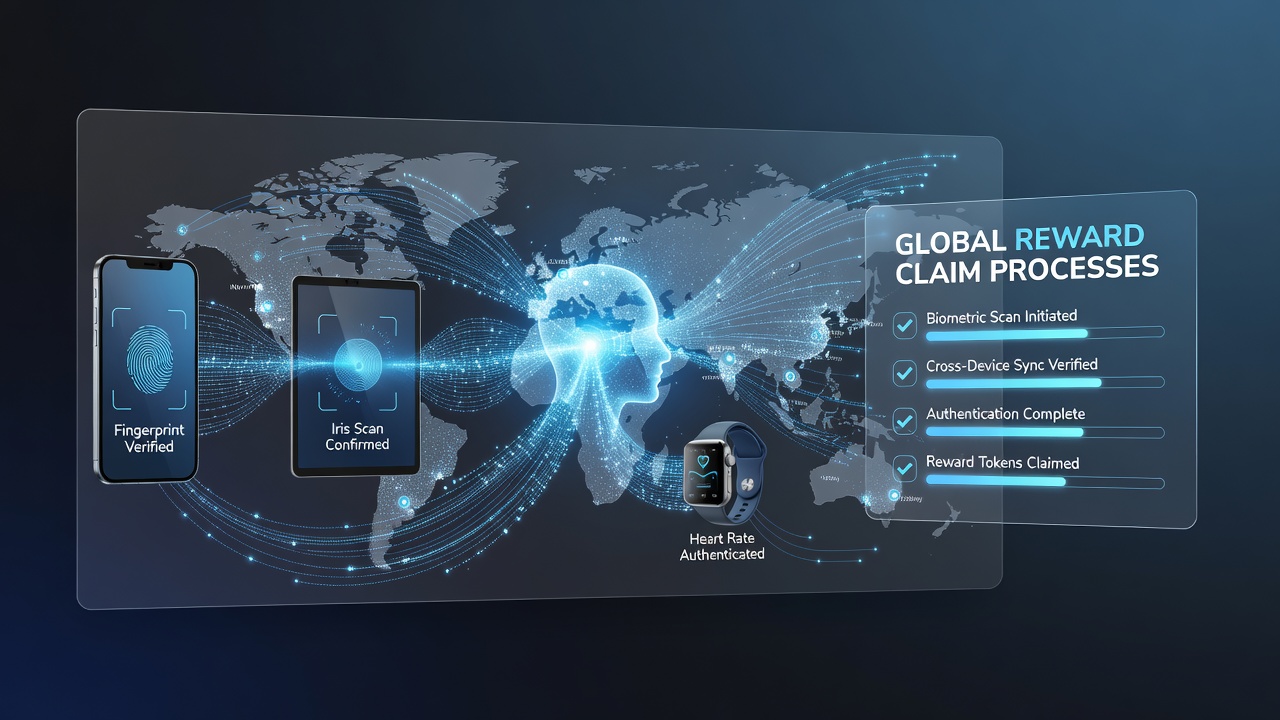 Illustration of encrypted biometric template transfer between international servers for reward verification