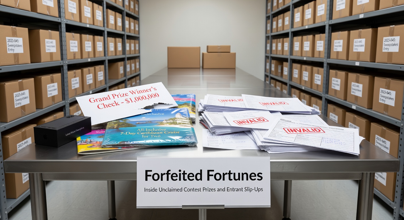 A stack of oversized novelty checks marked 'unclaimed' next to contest entry forms scattered on a desk, symbolizing forfeited prizes