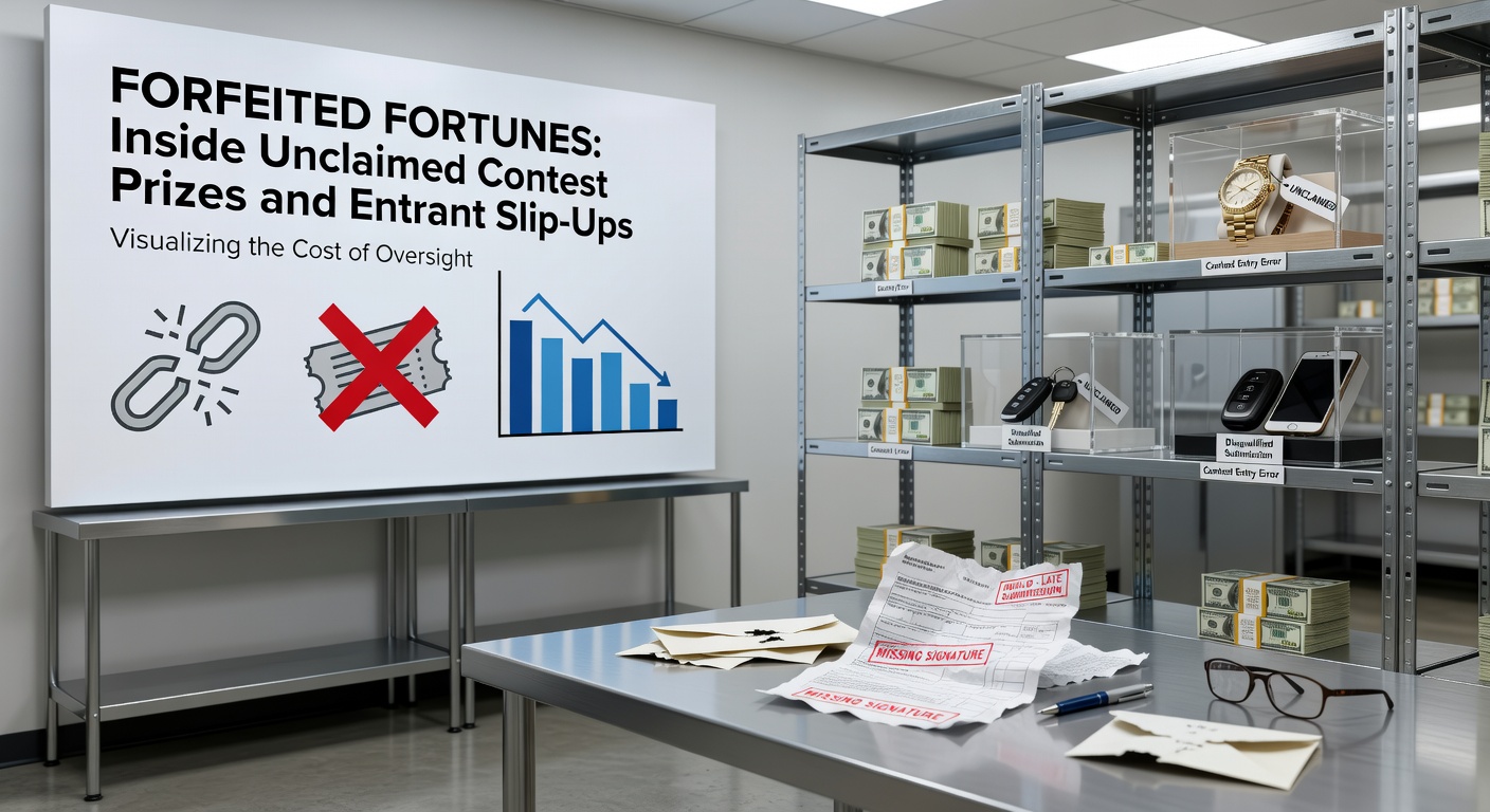 A calendar marked with red X's over claim deadlines, surrounded by crumpled notification letters and a golden trophy, illustrating missed opportunities in contests