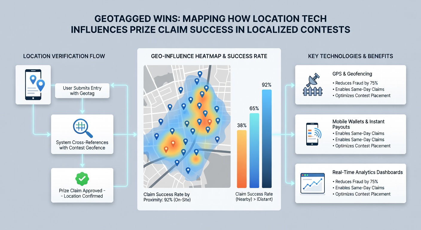 Dashboard interface displaying real-time geotag verification results for active localized contests with success rate charts