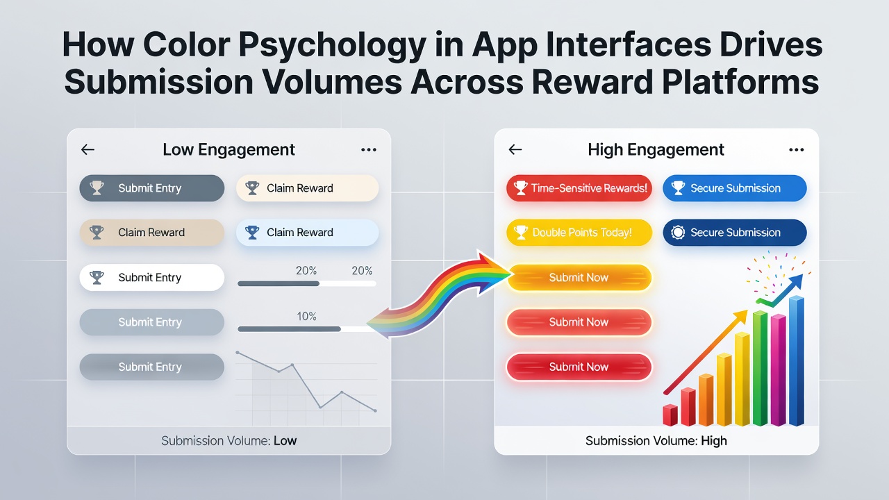 App interface displaying color-coded submission buttons and reward prompts that influence user engagement patterns