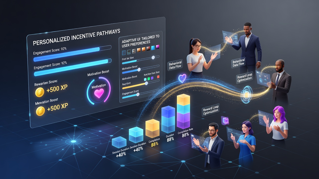 Visualization of interface personalization algorithms adjusting reward displays in a virtual incentive platform dashboard