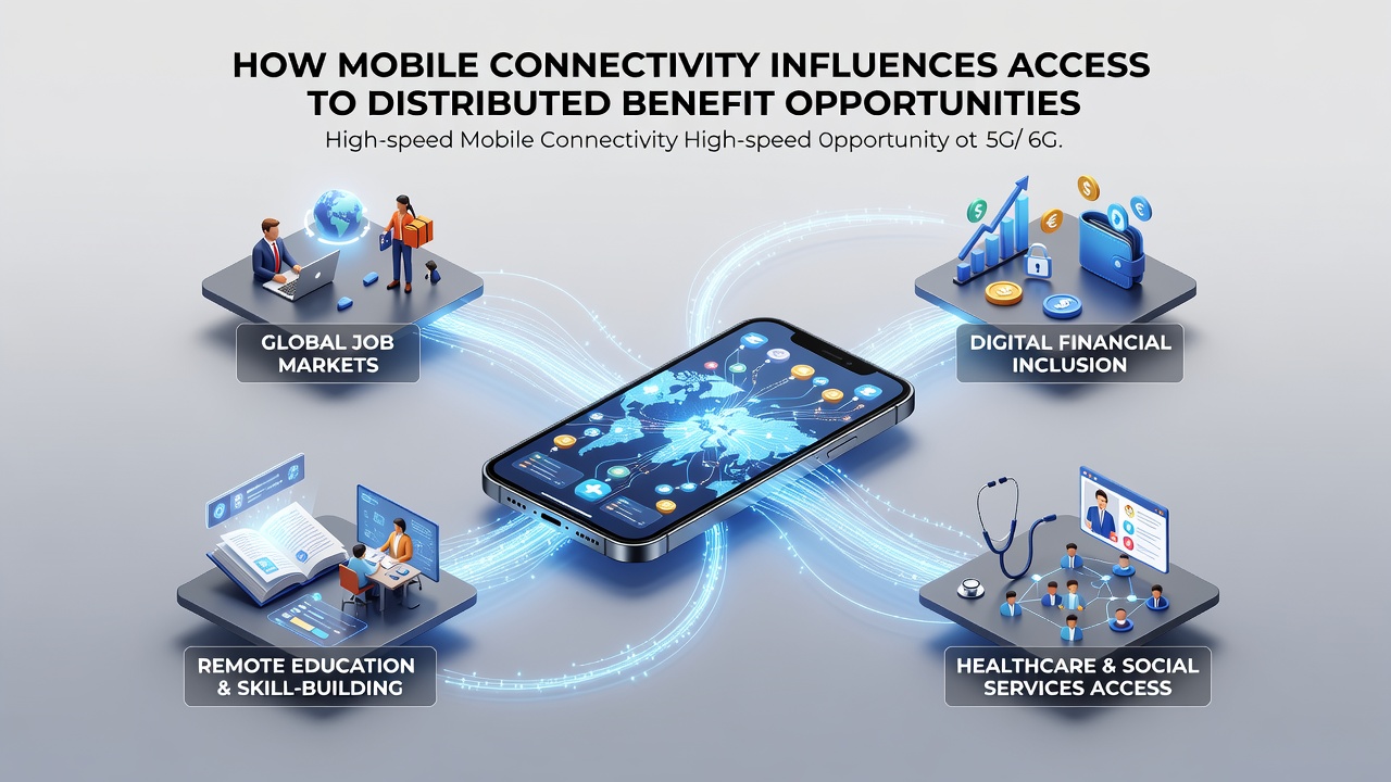 Infographic showing mobile signal coverage overlaid on benefit distribution maps