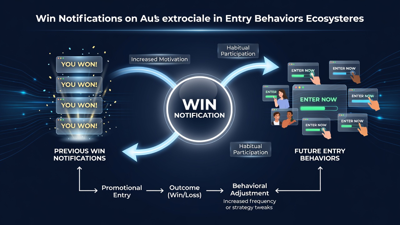 Promotional ecosystem dashboard displaying win notifications and entry activity patterns