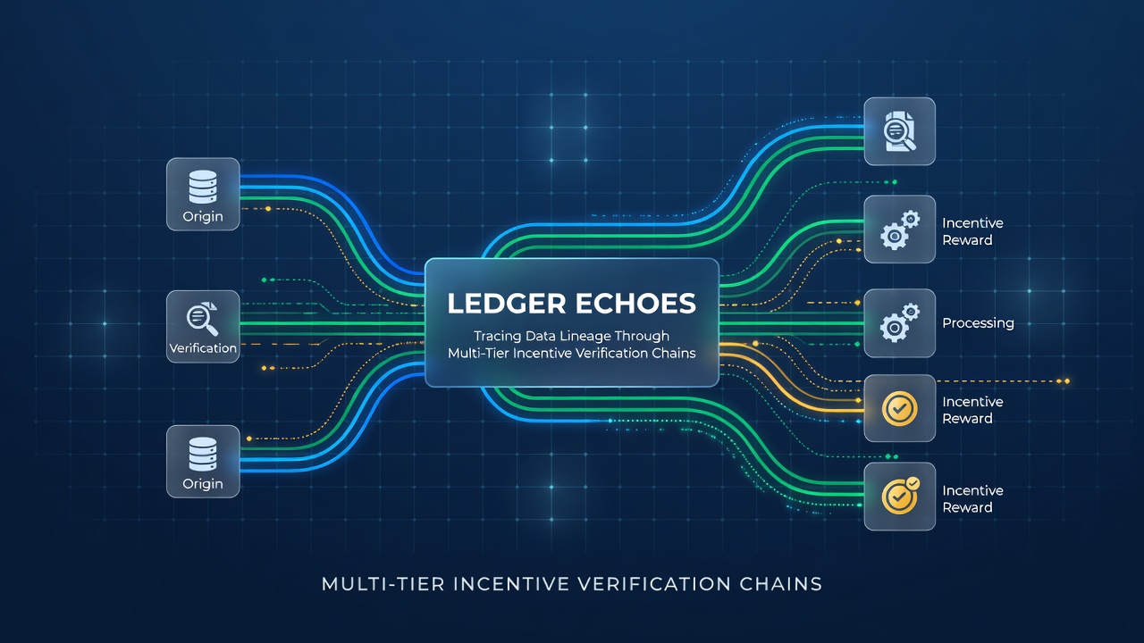 Abstract visualization of interconnected data ledgers showing multi-tier verification chains in digital incentive systems