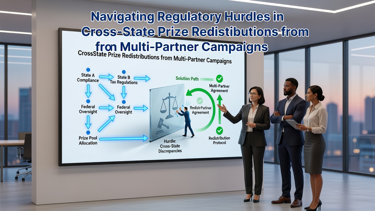 Regulatory compliance officers reviewing cross-state prize distribution maps and legal documents for multi-partner sweepstakes campaigns