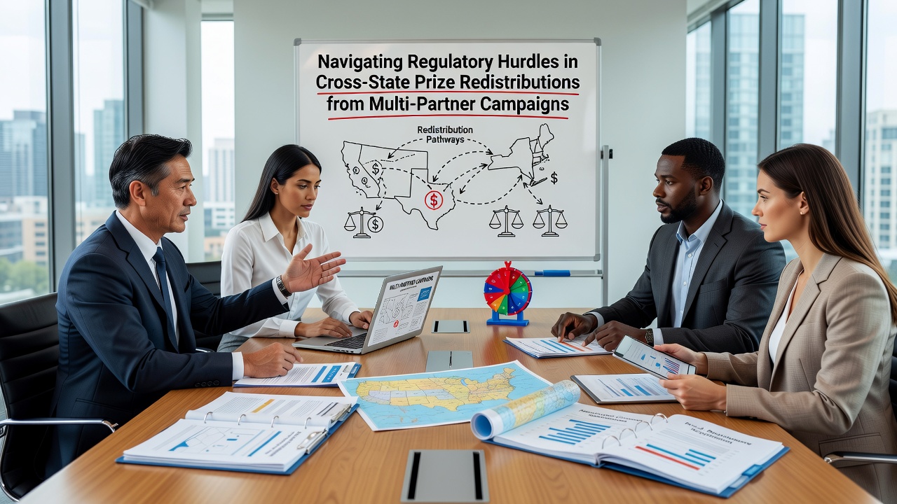 Legal team analyzing state-by-state tax forms and prize redistribution ledgers during a multi-partner campaign audit