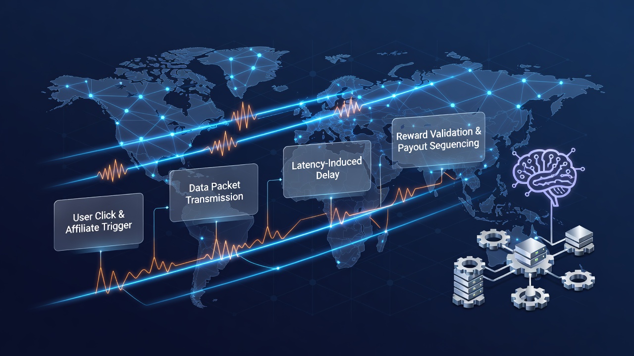 Diagram showing network latency patterns affecting reward sequencing in distributed affiliate systems