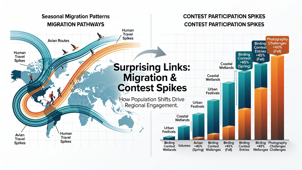 Map overlay showing seasonal human migration routes intersecting with contest entry hotspots across North America