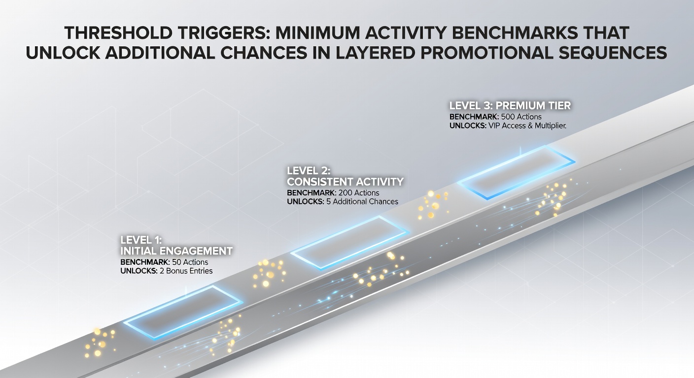 Illustration showing layered promotional sequences with activity benchmarks and unlocked chances in digital contests