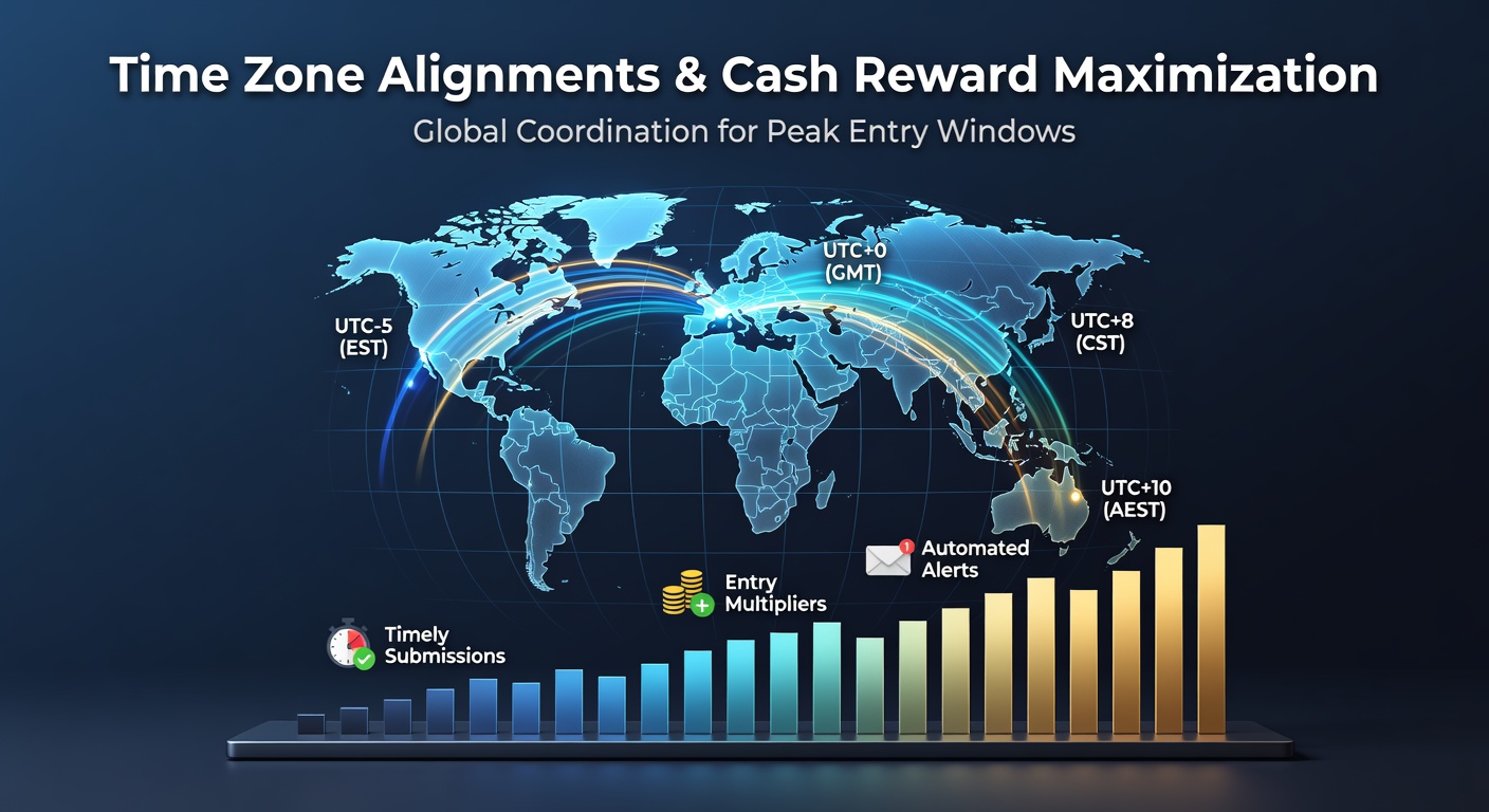 World map highlighting time zone overlaps during peak cash reward entry periods