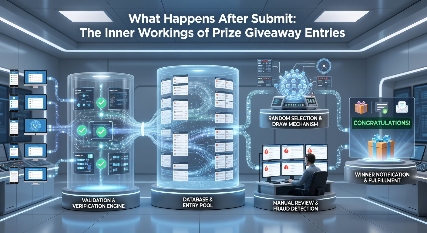 Detailed flowchart diagram illustrating the random winner selection process from entry pool to final verification